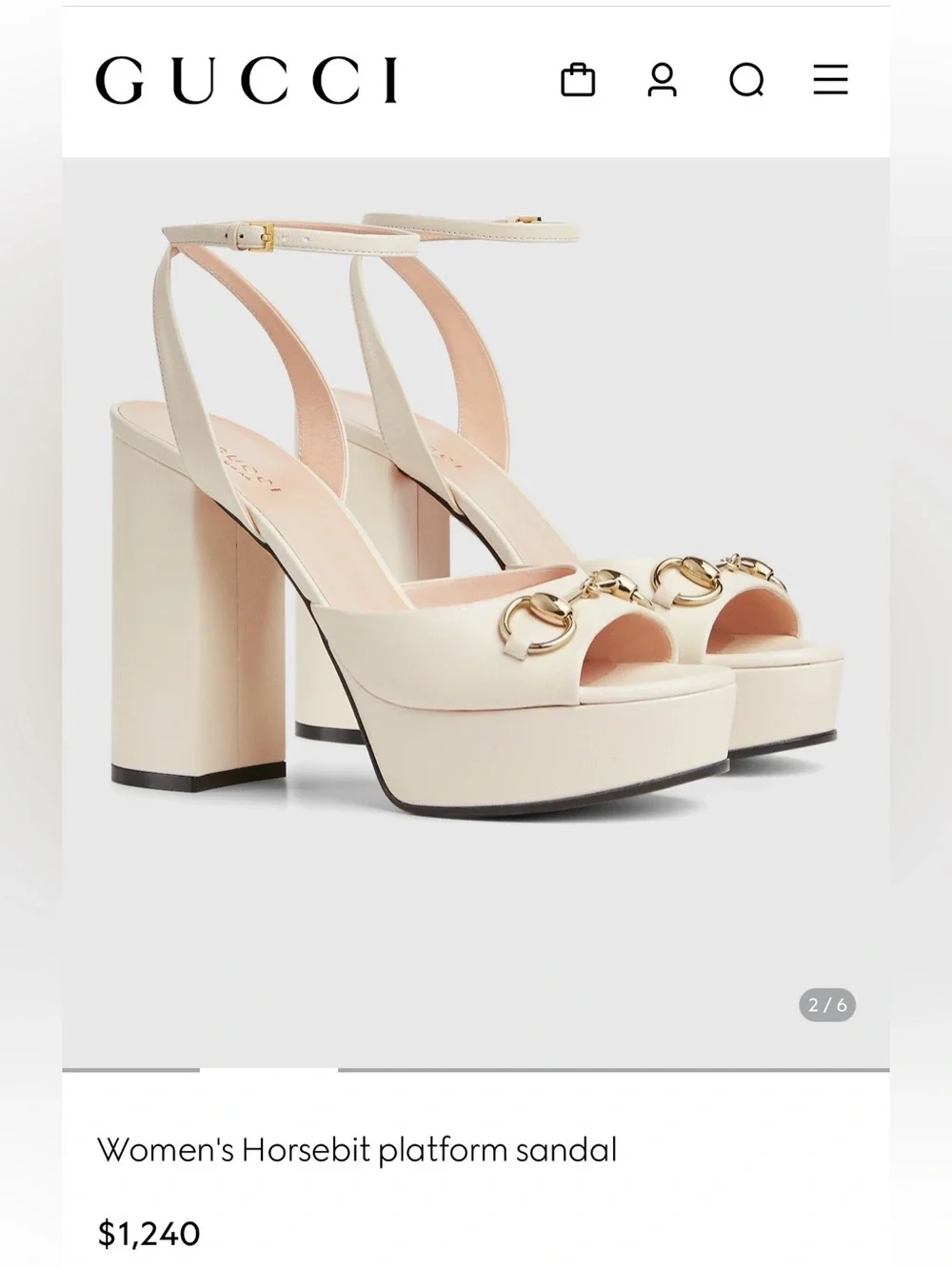 Gucci Cream Leather Horsebit Platform Sandal with Ankle Strap